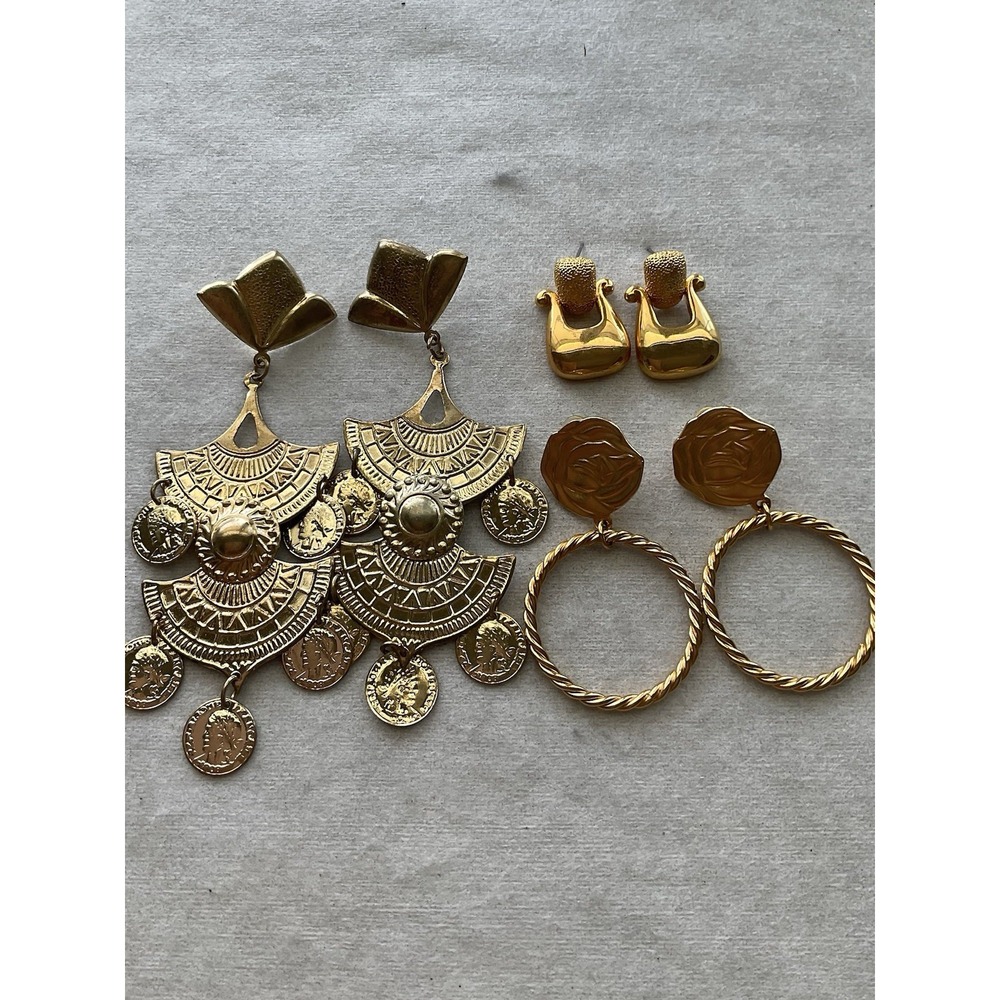 Lot Of 3 Pairs Gold Tone Earrings Vintage Estate Jewelry Dangle Drop